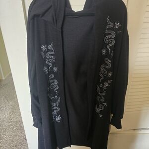 Black Hooded Cardigan with White Snake Embroidery